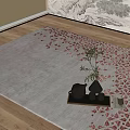 Square Carpet with Red Floral Patterns on Wooden Floor Near Tray Teapot Vase and Plant