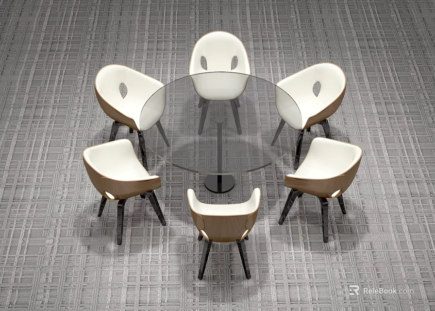 Modern Minimalist Round Glass Table With Six White Brown Chairs On Gray Carpet 3d model 