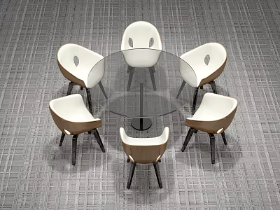 Modern Minimalist Round Glass Table With Six White Brown Chairs On Gray Carpet 3d model