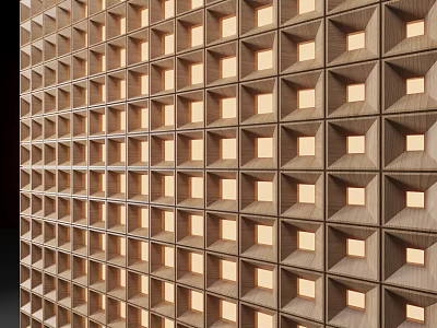 Decorative Modern Background Wall With Wooden Lighted Cubes In Regular Arrangement 3d model