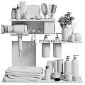 Bathroom Shelves Organized With Daily Care Products Hair Dryer Towels And Relax Print