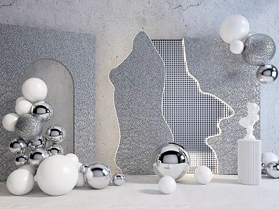 Modern Interior Decor With Silver White Spheres Grid Pattern Wall And White Sculpture 3d model