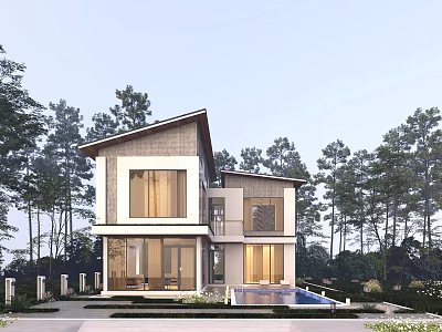 Modern Two Story Detached Villa with Large Windows Surrounded by Trees and Front Water Feature 3d model