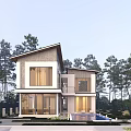 Modern Two Story Detached Villa with Large Windows Surrounded by Trees and Front Water Feature