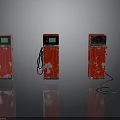 Weathered Red Fuel Pumps With Green Display Screens Black Cables And Gray Background