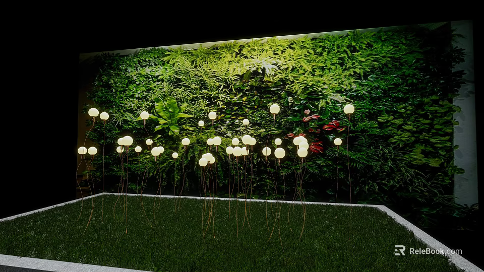 Decorative Floor Lamps with White Illuminated Lights in Front of Green Plant Wall on Grass 3d model 