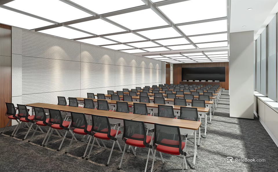 Spacious Conference Room Interior With Arranged Tables Red Chairs And Projection Screen 3d model 