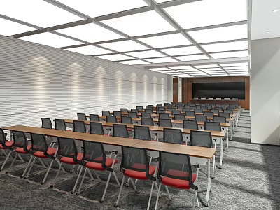 Spacious Conference Room Interior With Arranged Tables Red Chairs And Projection Screen 3d model