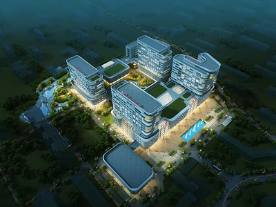 Aerial Planning of Modern Integrated Buildings With Green Roofs Central Pool and Evening Lighting 3d model