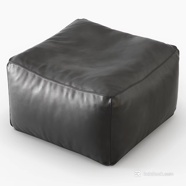 Black Leather Square Ottoman Modern Design With Soft Surface And Stitching Detail 3d model 