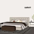 Soft Tufted Headboard Double Bed In Modern Bedroom With Pillows Blanket And Ottoman