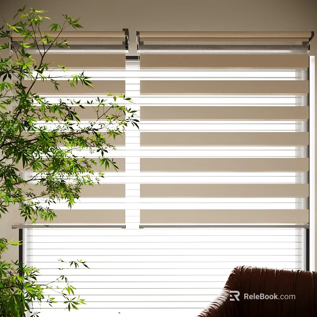 Elegant Light Filtering Blinds In Neutral Tone With Natural Light And Green Plant 3d model 