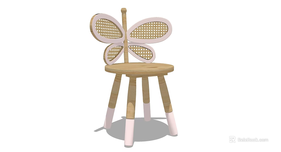 Kids Chair with Butterfly Shaped Backrest Woven Design Wooden Legs Pink Base 3d model 