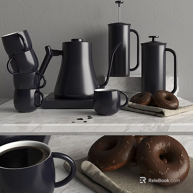 Stylish Black Tableware Set With Coffee Pot Mugs Cups And Chocolate Donuts 3d model