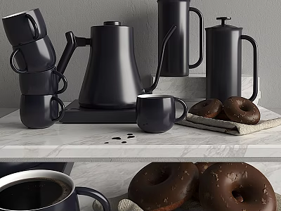 Stylish Black Tableware Set With Coffee Pot Mugs Cups And Chocolate Donuts 3d model