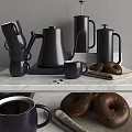 Stylish Black Tableware Set With Coffee Pot Mugs Cups And Chocolate Donuts 3d model