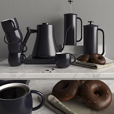 Stylish Black Tableware Set With Coffee Pot Mugs Cups And Chocolate Donuts 3d model