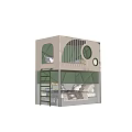 Cozy Kids Bed with Green Padded Headboard Ladder Pillows Soft Blanket and Circular Decorations