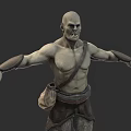Shirtless Bald Muscular Warrior with Arm Wraps Waist Pouch Rugged Shorts Standing 3D Character