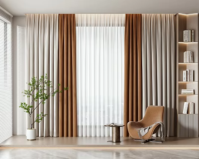 Layered Brown And White Curtains In Modern Interior With Window Armchair Plant And Bookshelf 3d model