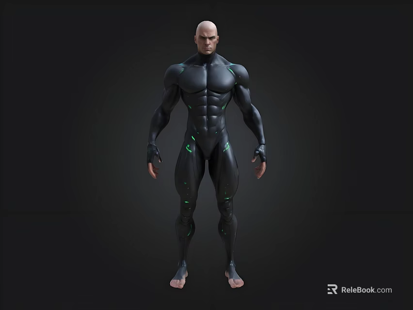 Bald Headed Muscular Sci Fi Character In Black Tight Suit With Green Glowing Lines 3d model 