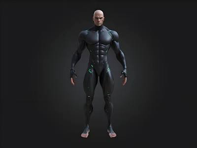Bald Headed Muscular Sci Fi Character In Black Tight Suit With Green Glowing Lines 3d model