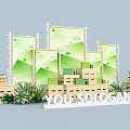 Eco Friendly Display Stack With Green Backdrop Banner Panels Wooden Crates And Slogan Sign