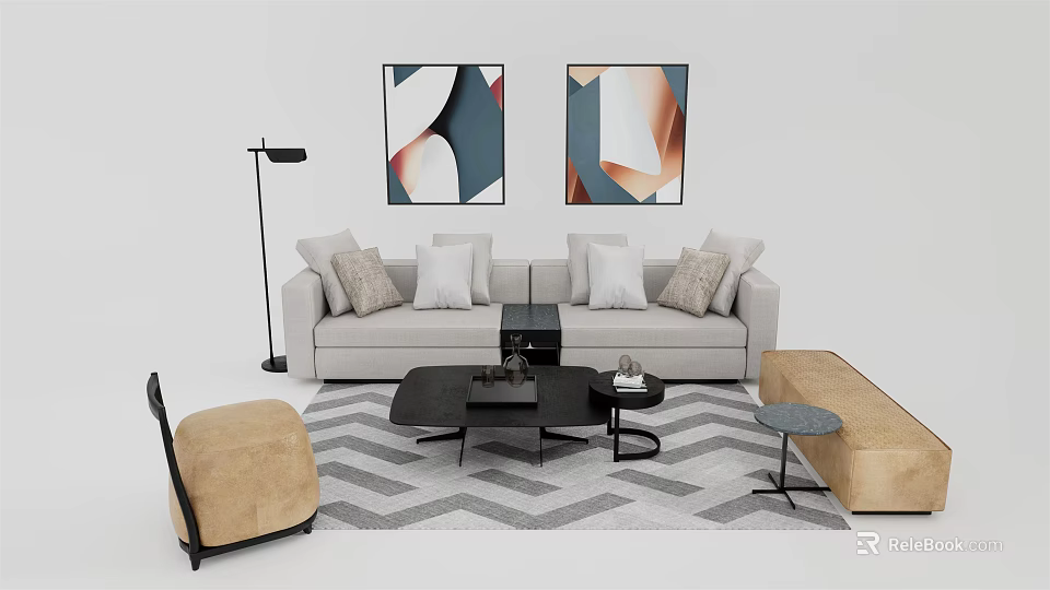 Modern Sofa Coffee Table Combination With Pillows Herringbone Rug And Wall Art 3d model