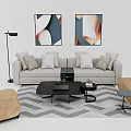 Modern Sofa Coffee Table Combination With Pillows Herringbone Rug And Wall Art 3d model