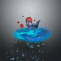 Mystical Fox Like Creature On Blue Water Ripple Platform With Red Orbs And Droplets