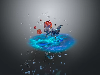 Mystical Fox Like Creature On Blue Water Ripple Platform With Red Orbs And Droplets 3d model