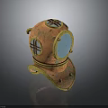 Vintage Orange Diver Helmet With Blue Circular Viewing Window And Yellow Edges