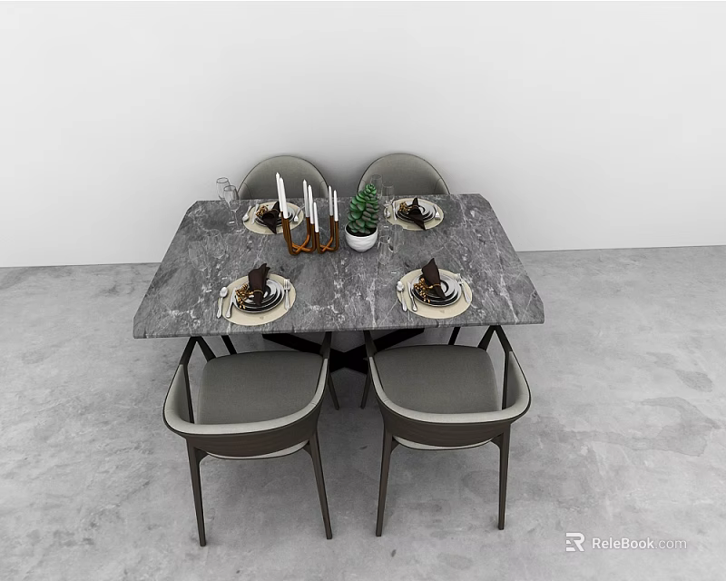 Minimalist Dining Table Set With Marble Top Grey Chairs And Tableware Decor 3d model