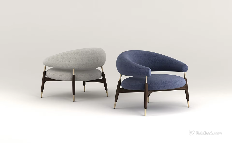 Modern Accent Chairs In Gray And Blue With Curved Armrests Wooden Legs And Metal Details 3d model 