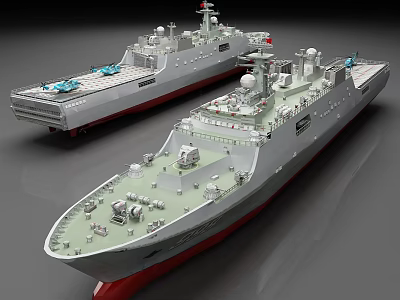 Two Military Naval Warships With Deck Equipment And Radar Systems 3d model