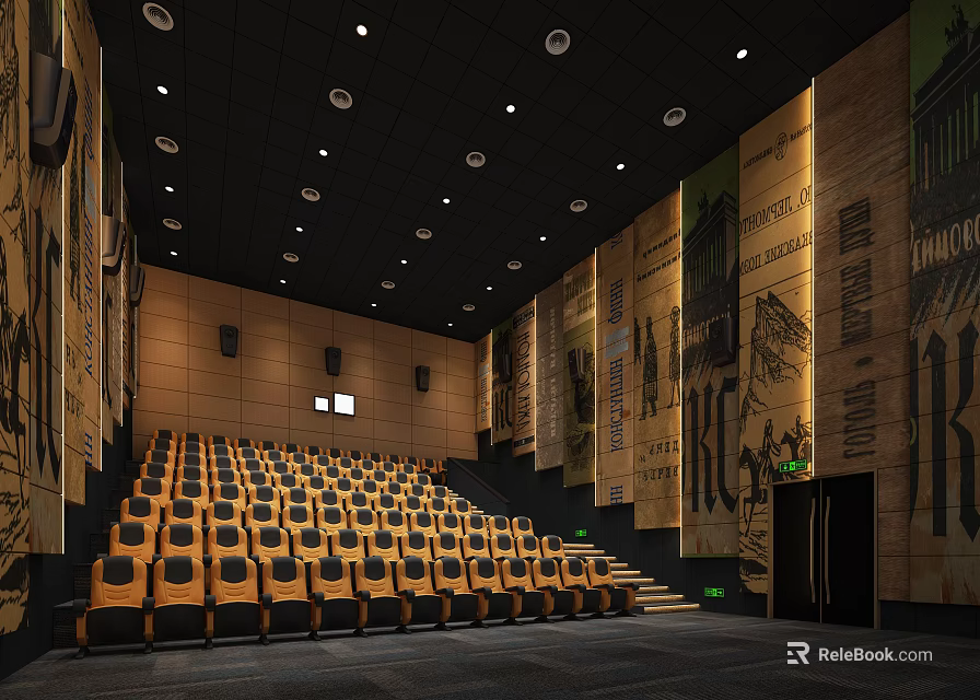 Modern Cinema Interior With Comfortable Yellow Seats Wall Posters And Ceiling Lighting 3d model 