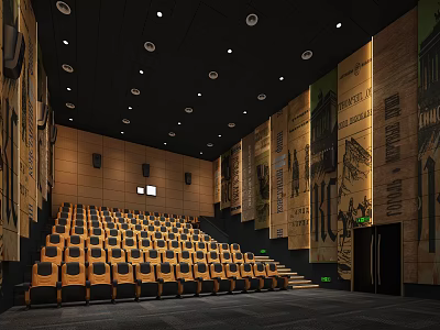Modern Cinema Interior With Comfortable Yellow Seats Wall Posters And Ceiling Lighting 3d model