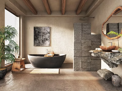 Bathroom Interior Design With Wooden Beams Stone Wall Black Bathtub Round Mirror And Plant 3d model