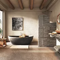 Bathroom Interior Design With Wooden Beams Stone Wall Black Bathtub Round Mirror And Plant