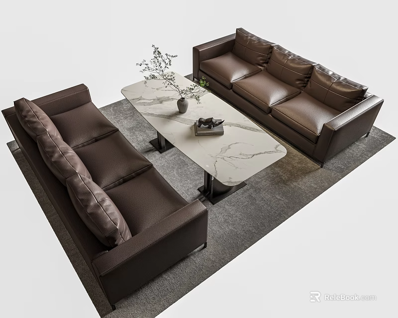 Modern Negotiation Seating Set With Brown Leather Sofas Marble Coffee Table And Gray Rug 3d model
