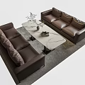 Modern Negotiation Seating Set With Brown Leather Sofas Marble Coffee Table And Gray Rug 3d model