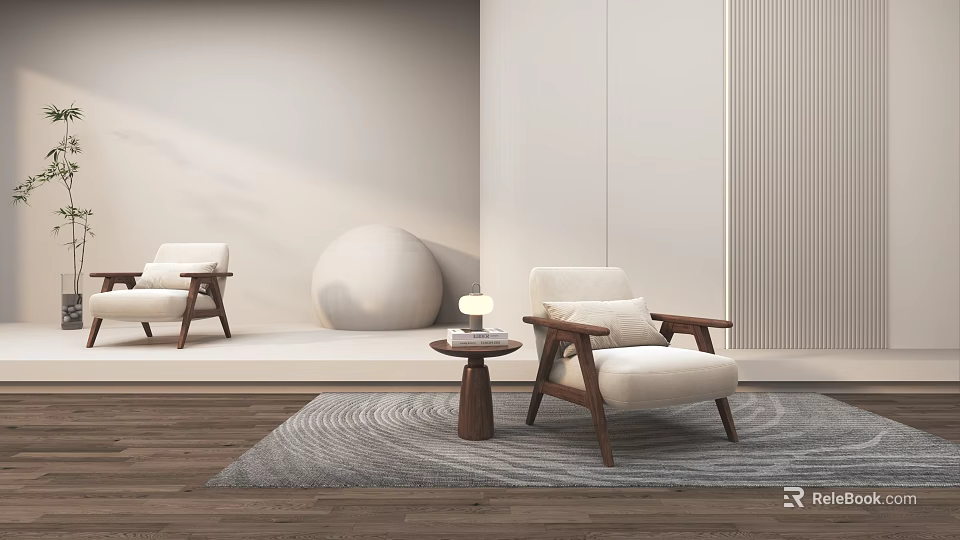Minimalist Living Room With White Chairs Wooden Frames Round Table Gray Rug And Light Walls 3d model 