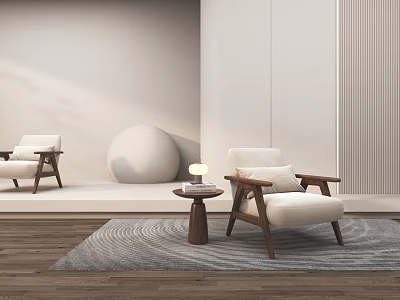 Minimalist Living Room With White Chairs Wooden Frames Round Table Gray Rug And Light Walls 3d model