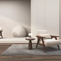 Minimalist Living Room With White Chairs Wooden Frames Round Table Gray Rug And Light Walls