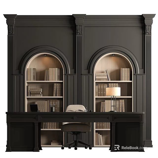 Elegant Arch Shaped Bookcase With Wooden Shelves And Table Lamp In Study Workspace 3d model 
