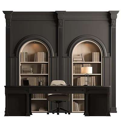 Elegant Arch Shaped Bookcase With Wooden Shelves And Table Lamp In Study Workspace 3d model