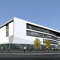 Modern School Building With White Exterior And Glass Windows Geometric Design And People Walking Around