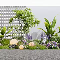 Lush Garden Plants And Flowers With Purple Blooms White Decor Yellow Lanterns Lattice Wall