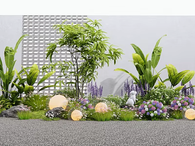 Lush Garden Plants And Flowers With Purple Blooms White Decor Yellow Lanterns Lattice Wall 3d model