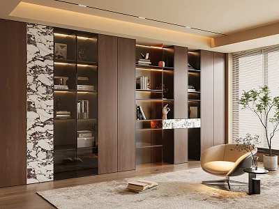 Modern Wooden Bookcase With Glass Doors And Marble Accents In Living Room 3d model